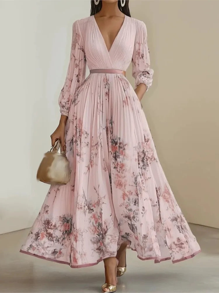 Stunning V-Neck Printed Dress/Long Sleeve V Neck/High Waist Lace-up Loose Dresses/Robe Femme Holiday.