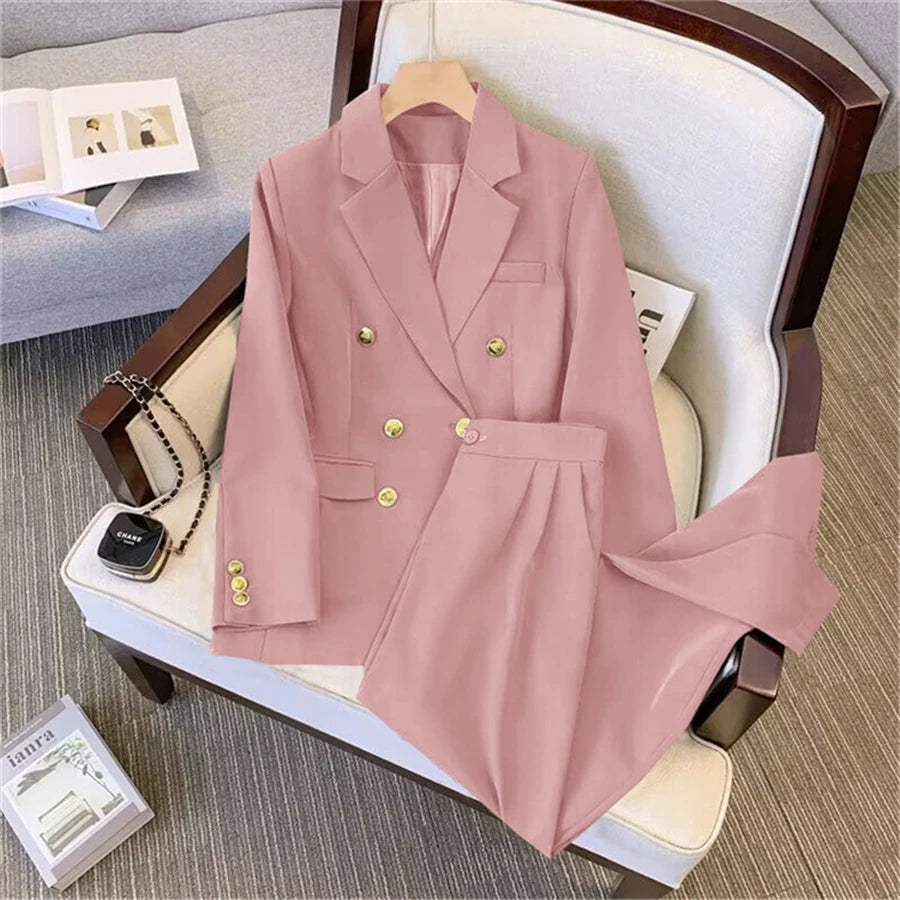 Khaki Office Double Breasted Suits Sets Women New Long Sleeve Blazer Jackets Conjunto Ol High Waist Straight Pants Outfit
