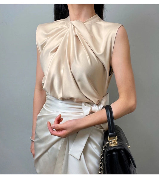 Women’s Satin Twist-Neck Sleeveless Blouse – Elegant Draped Office & Occasion Top