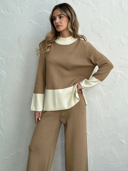 Elegant Two Piece Set/Loungewear Slit Sweater/Matching Sets Women Casual Knitted Wear/Mock Neck Design/Elastic Waist Band.