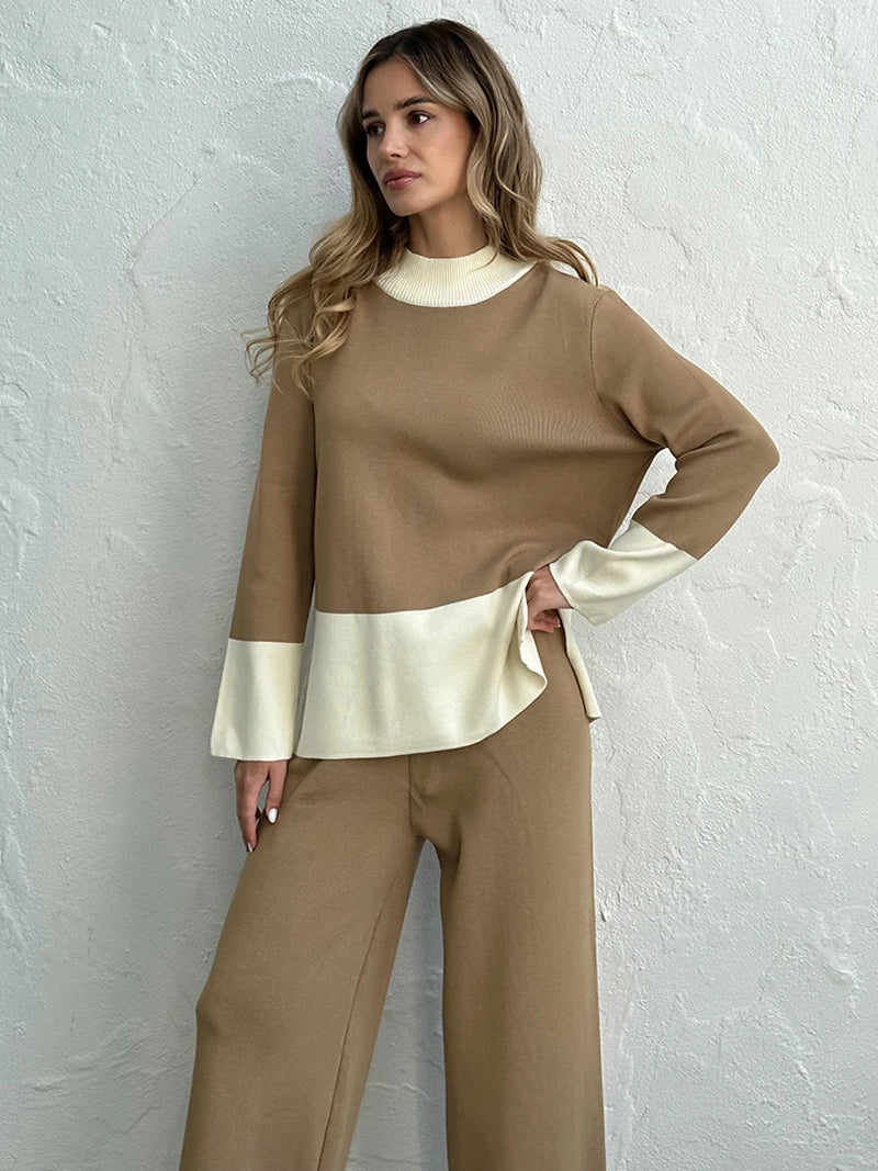 Elegant Two Piece Set/Loungewear Slit Sweater/Matching Sets Women Casual Knitted Wear/Mock Neck Design/Elastic Waist Band.