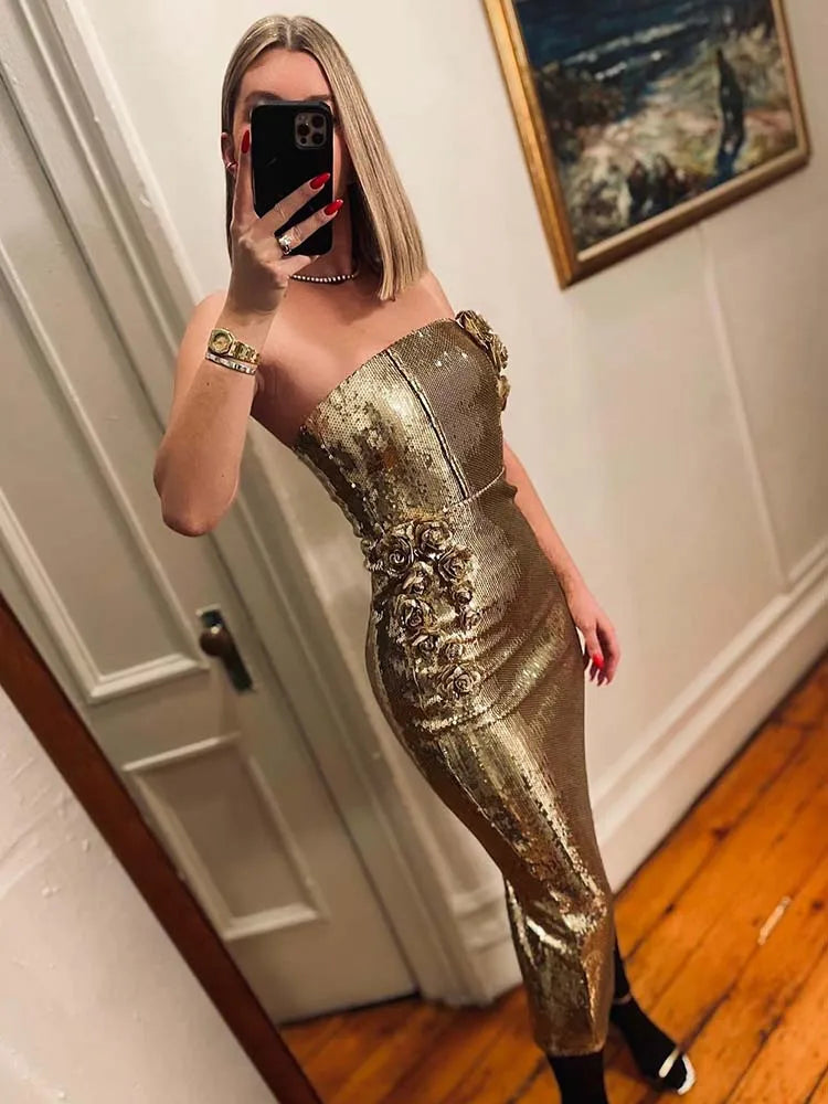 Sexy Golden Off Shoulder Sequin Dress/Long Strapless Floral Embellishment/Sleeveless Slim High Waist Cocktail Event’s.