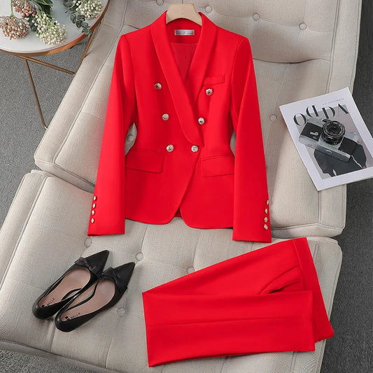 High Quality Turn Down Collar Suit/Two Piece Double Breasted Blazer/Straight Zipper Trousers Women Outfit.