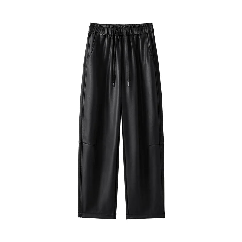Luxury PU Leather Jogger Pants for Women – High-Waist Elastic Drawstring Wide-Leg Trousers – Comfy Chic Vegan Leather Athleisure Pants