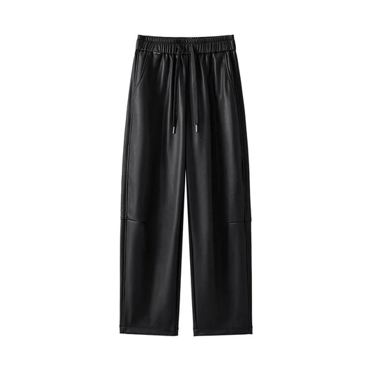 Luxury PU Leather Jogger Pants for Women – High-Waist Elastic Drawstring Wide-Leg Trousers – Comfy Chic Vegan Leather Athleisure Pants