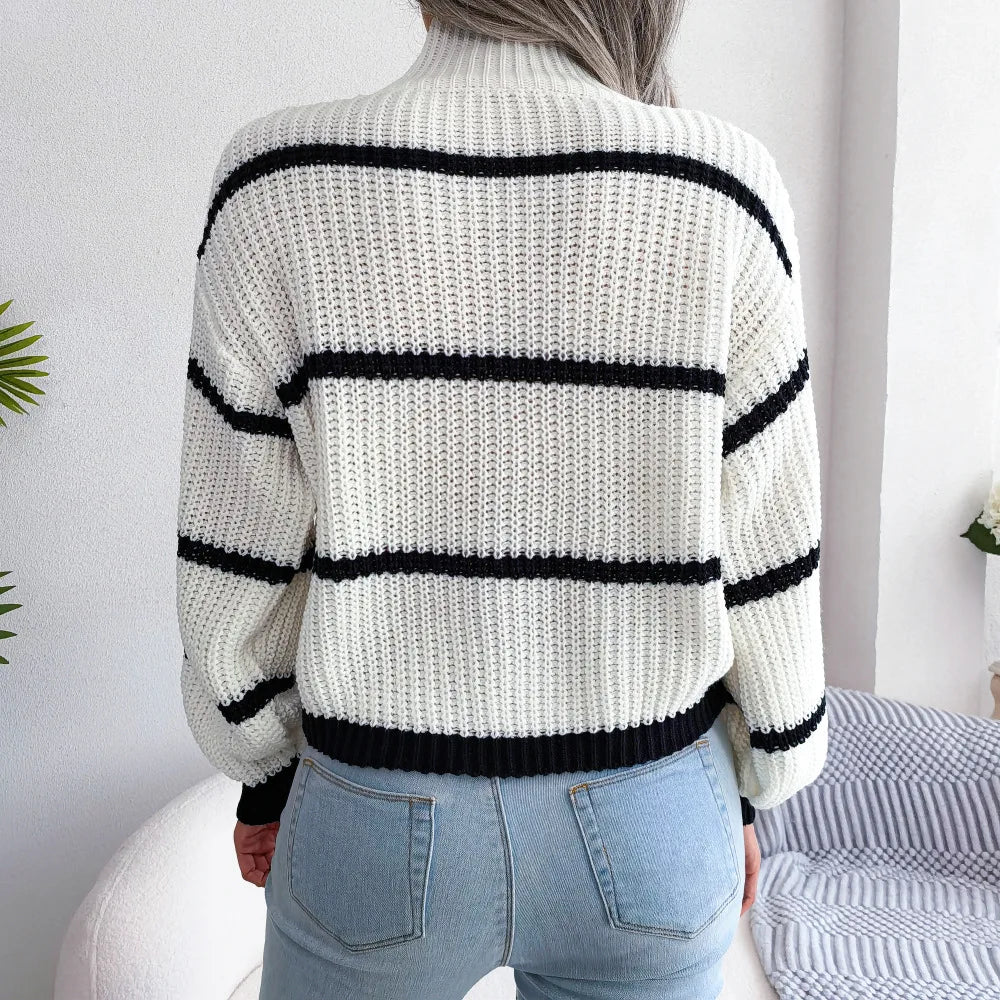 Solid Striped Pullover Turtleneck/Loose fitting Sweater/Long Sleeved Knitted Sweater/High Neck Warm Pullover Knitwears Top.