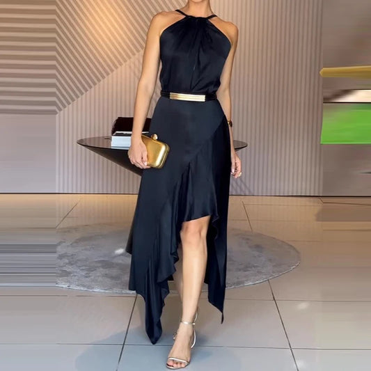 Elegant Black Satin Halter Midi Dress for Women – Asymmetrical Hem, Backless Evening & Cocktail Dress | Modern Blend Boutique