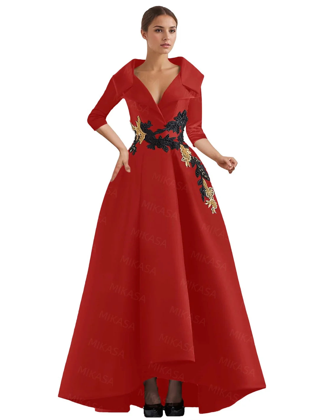 Elegant A Line Vintage Gown/Modern Three Quarter Sleeves V~Neck Dress/Party Gowns With Appliqué’s/Pockets Irregular Ruffles.