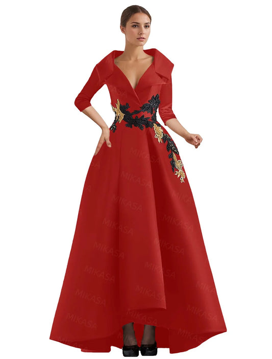 Elegant A Line Vintage Gown/Modern Three Quarter Sleeves V~Neck Dress/Party Gowns With Appliqué’s/Pockets Irregular Ruffles.