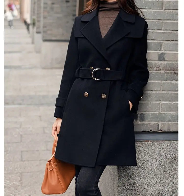 Women’s Double-Breasted Belted Long Wool-Blend Coat | Tailored Winter Overcoat with Gold Buttons & Notched Lapel | Sizes S–3XL