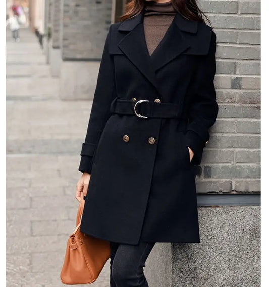 Women’s Double-Breasted Belted Long Wool-Blend Coat | Tailored Winter Overcoat with Gold Buttons & Notched Lapel | Sizes S–3XL