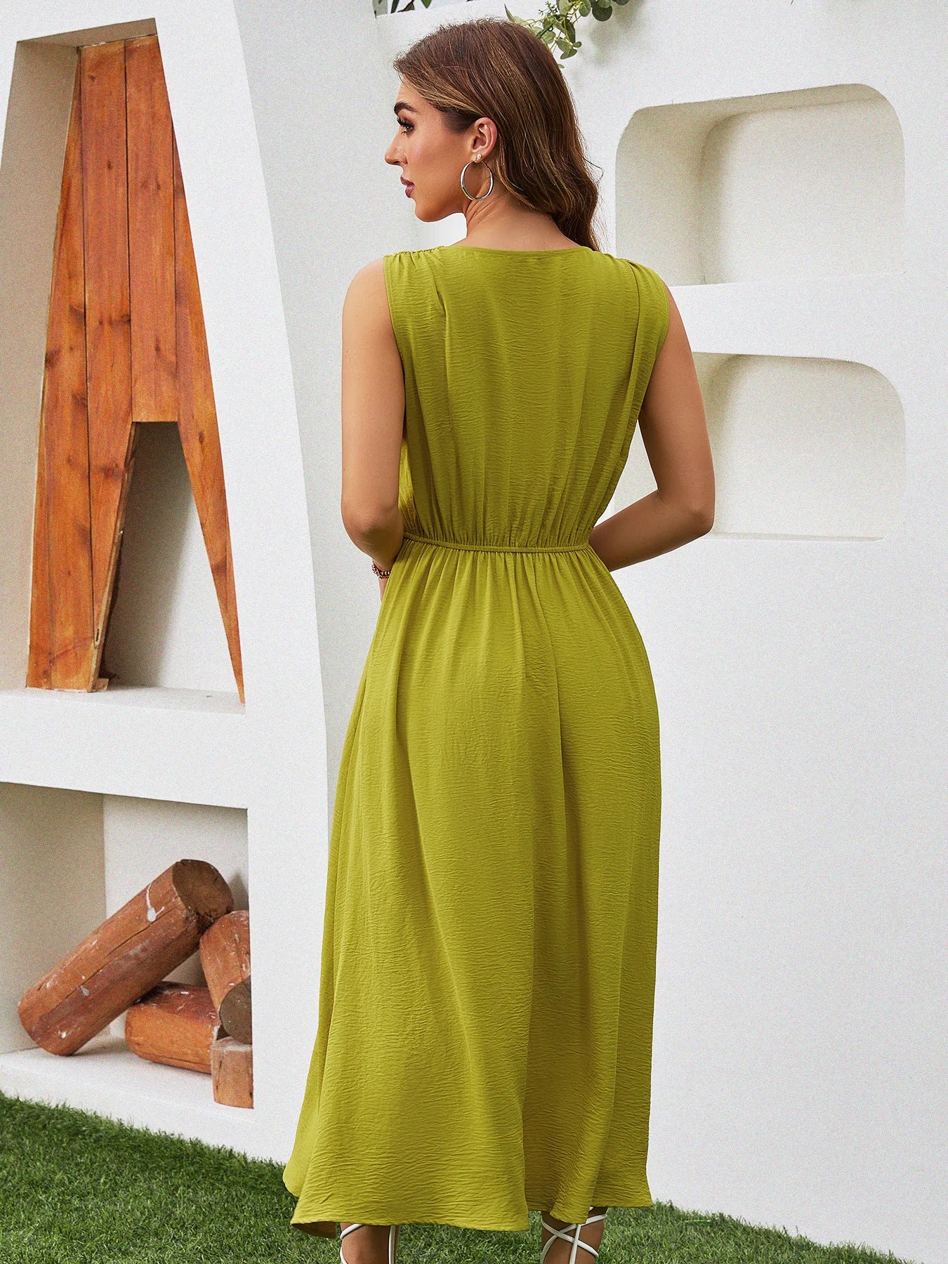 Elegant Sleeveless Waist Tie Midi Dress for Women – Romantic Vacation A-Line Summer Dress | Casual Chic Date Night Outfit | Modern Blend Boutique