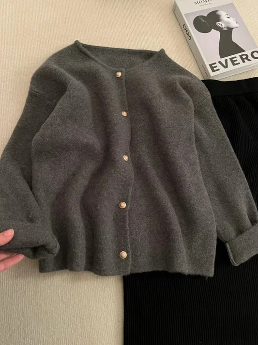 Elegant O-Neck Knitted Sweater Cardigan/Loose Versatile Long Sleeved Top Single Breasted Jacket