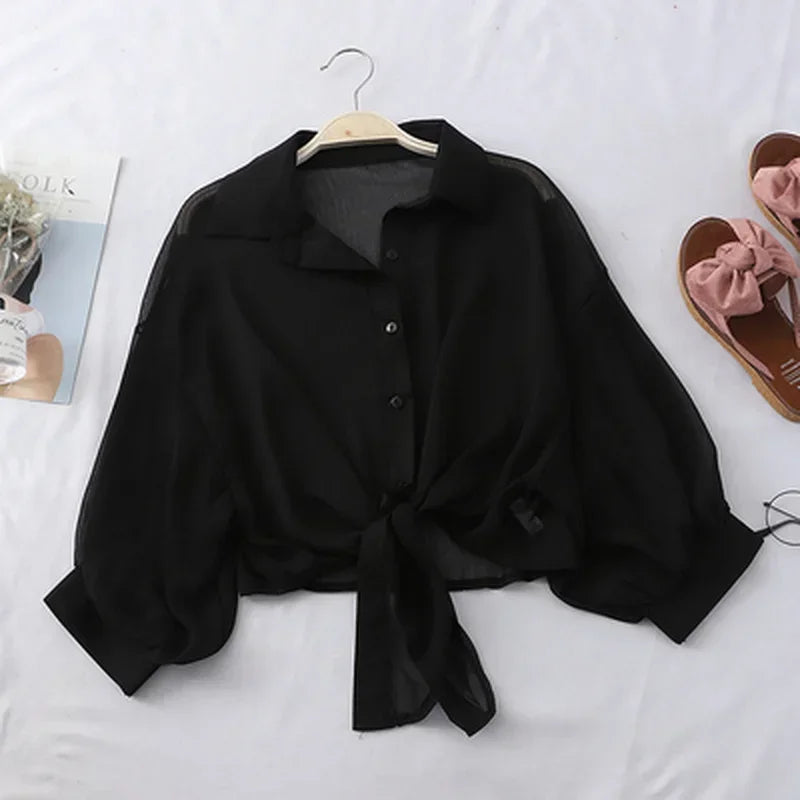 Chiffon Button Down Sleeves/Casual Loose Hollow White Clothes/Elegant Solid Color Tied Waist Blouse/Women Half Sleeve Button Chiffon Shirt.