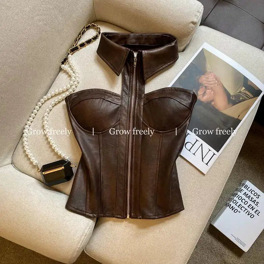 Luxury Halter Neck Corset Bustier Top with Collar & Front Zipper – Champagne Beige & Chocolate Brown Faux Leather Sculpted Top