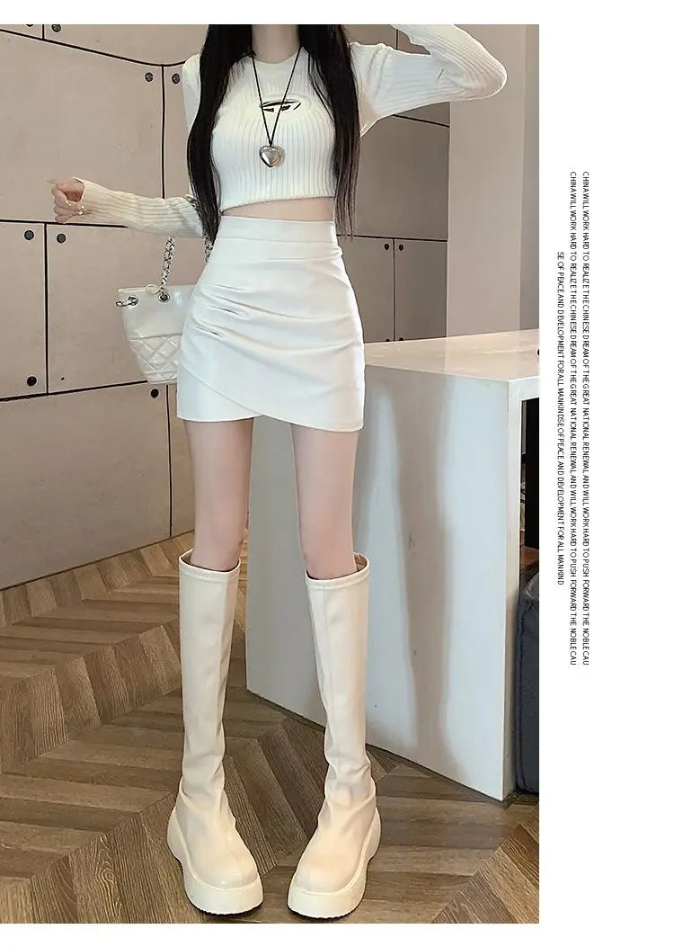 High-Waist Faux Leather Bodycon Mini Skirt – Ruched Slim Fit PU Leather Wrap Skirt for Women
