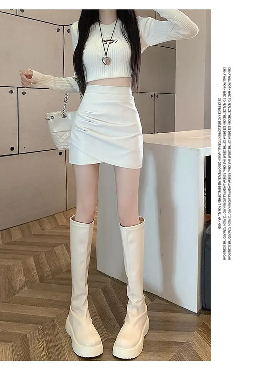 High-Waist Faux Leather Bodycon Mini Skirt – Ruched Slim Fit PU Leather Wrap Skirt for Women