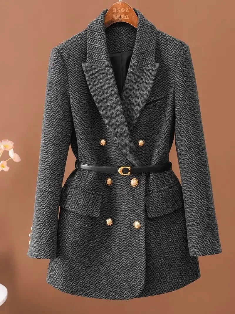 Seasonal Temperament Top Female Blazer Comes With Belt A Vintage Wool Jacket For Women Autumn And Winter