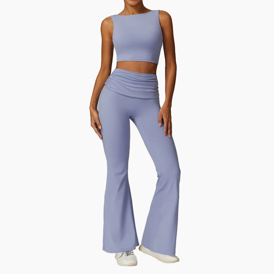 High-Waisted Flared Active Pants with Sculpting Fit – Neutral Beige