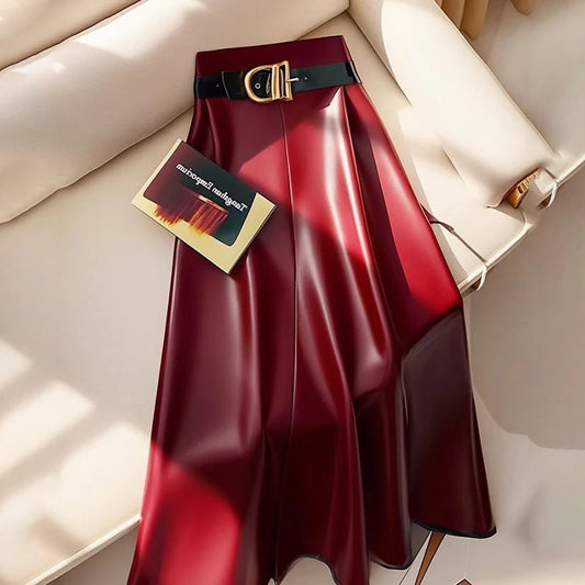 Burgundy Faux Leather A-Line Midi Skirt with Belt – Elegant High-Waist Vegan Leather Skirt
