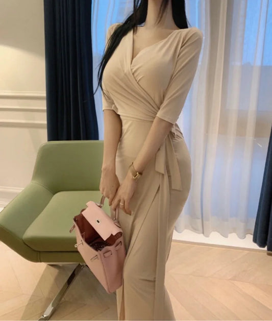 Slimming V-Neck Belted Maxi Dress.