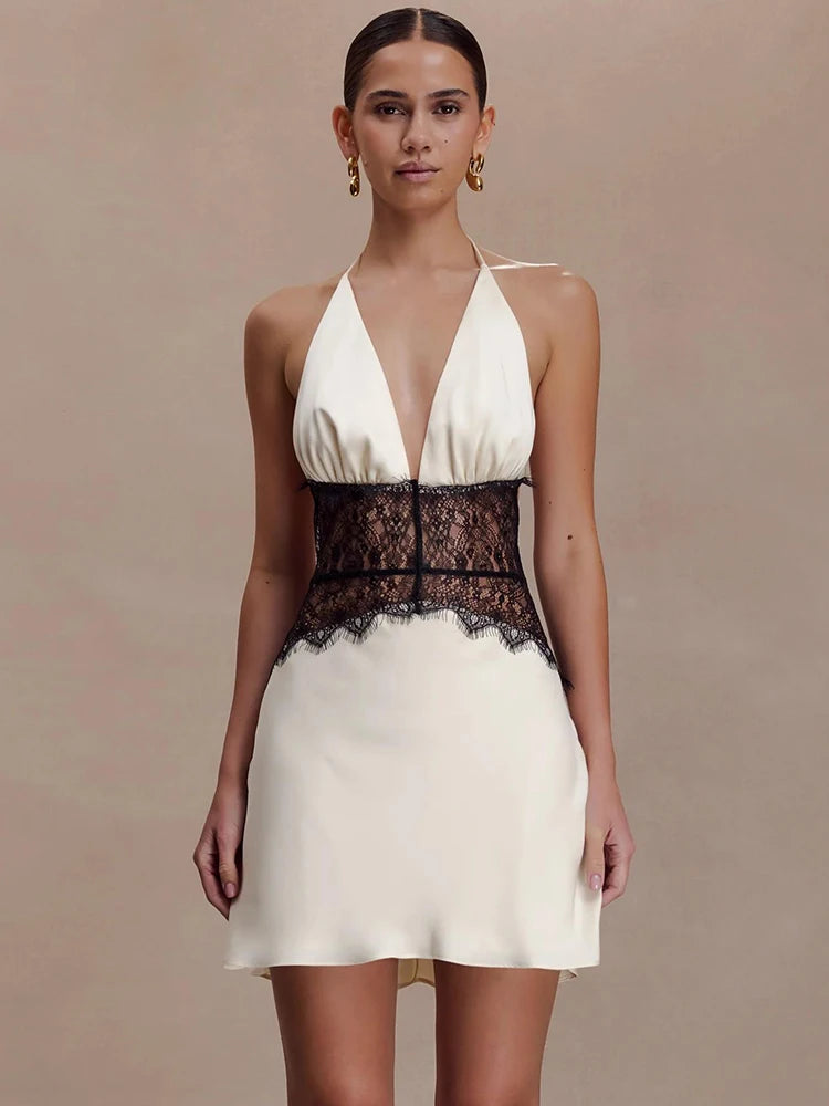 Elegant Lace Patchwork Halter Mini Dress – Luxury Backless Deep V-Neck Sleeveless Party Dress for Women | Timeless Chic Evening Look