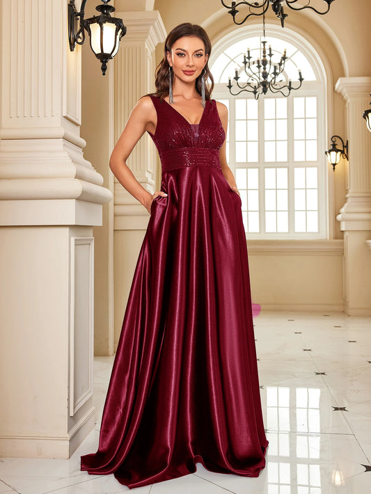Elegant Sequin Evening Dress/Deep V-neck Satin Prom Party/Dress Floor Length/Formal Gowns.