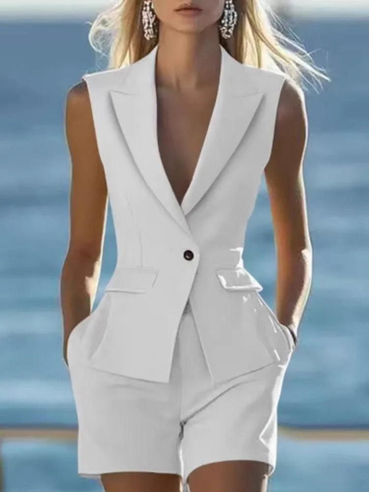 Elegant Sleeveless Blazer Vest & Tailored Shorts Set – Women’s Chic Summer Two Piece Suit Outfit | Modern Blend Boutique