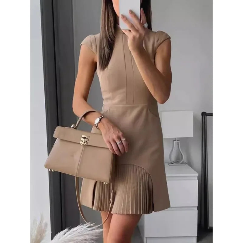 Military Pleated Cap Sleeve Dress/High Neck Patchwork Pleated Hem Mini Dress/A-Line Sleeveless Tassel Dress.