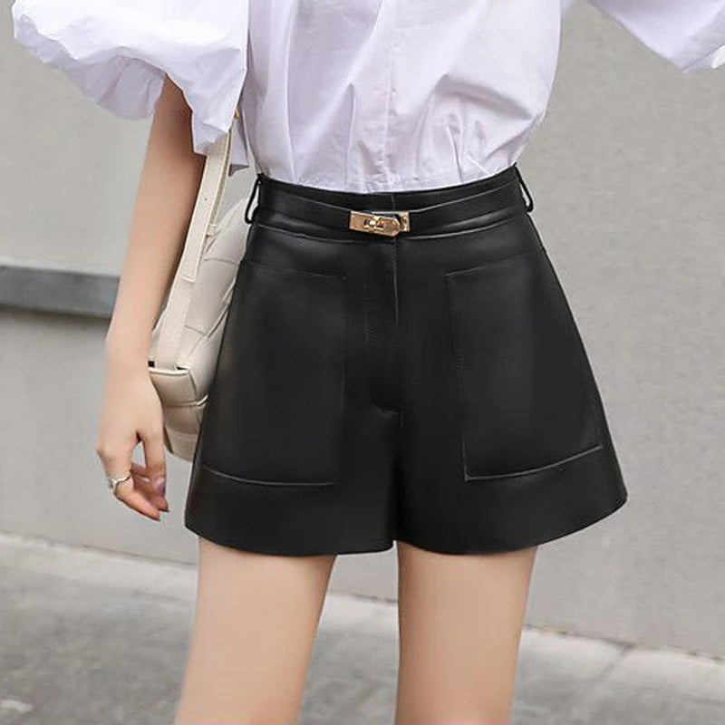 Real Sheepskin Leather Shorts for Women – 2026 New Arrival Casual Genuine Leather Shorts with White Belt, High-Quality Sheepskin, Versatile Summer & Street Style