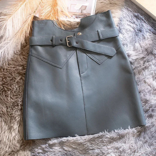 Women’s Genuine Sheepskin Leather Mini Skirt – High Waist Belted Office Chic Skirt