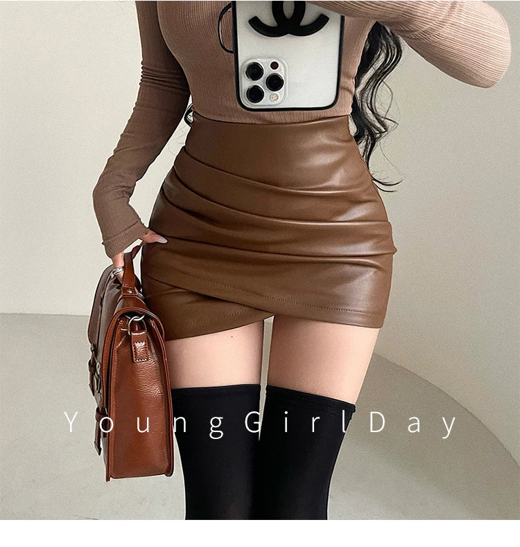 Women’s Faux Leather Ruched Mini Skirt – High Waist Bodycon Hip Wrap Club Skirt