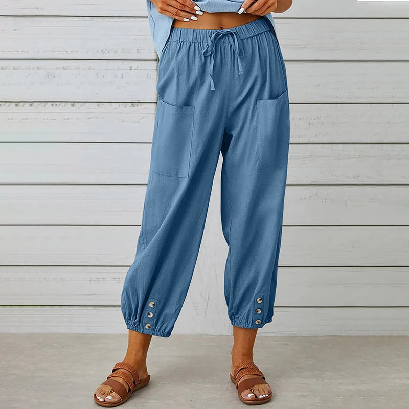Comfy Carpi Harajuku Pants/Loose Cotton Linen/Solid Color Elastic Waist Loose Straight Trousers/Waist Wide Leg Pants.