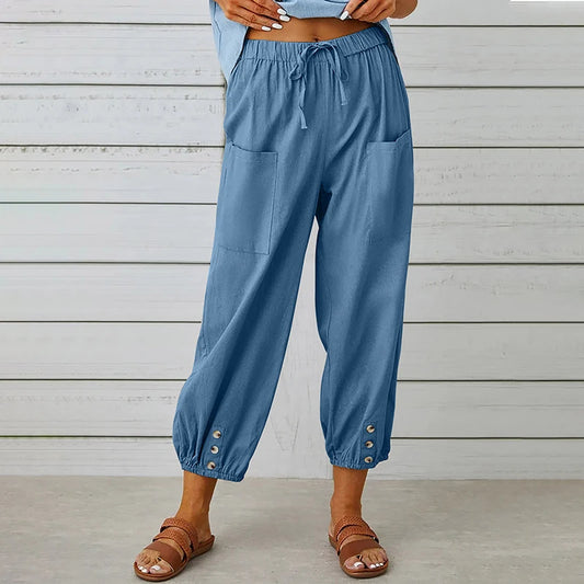 Comfy Carpi Harajuku Pants/Loose Cotton Linen/Solid Color Elastic Waist Loose Straight Trousers/Waist Wide Leg Pants.
