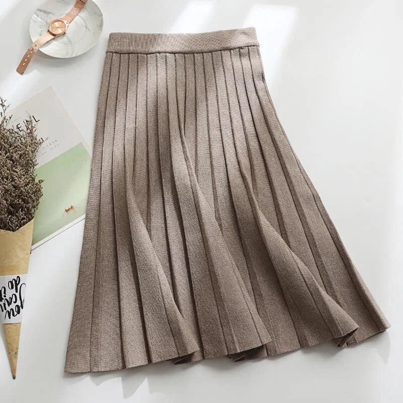 Fashioned Solid Color Knitted Skirt/Pleated A-Line Trend/All-match Elastic High Waist Skirt/Women's Clothing.