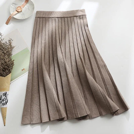Fashioned Solid Color Knitted Skirt/Pleated A-Line Trend/All-match Elastic High Waist Skirt/Women's Clothing.