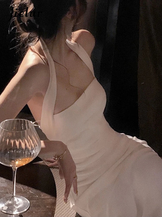 Jielur Halter Elegant Dress/Midi Bodycon Solid Strapless Dress/Knee Length Pullover.