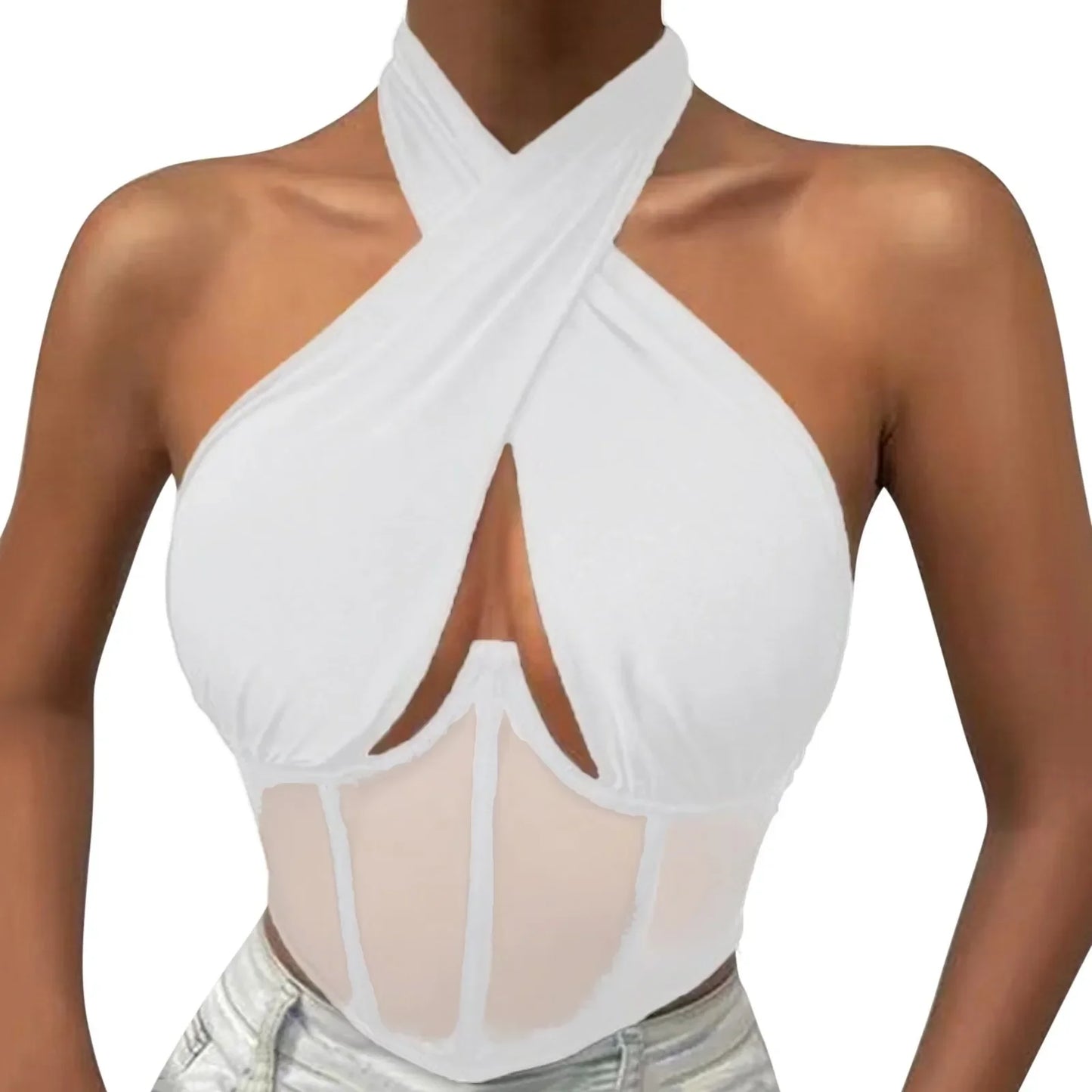 Elegant Halter Neck Mesh Corset Top for Women | Sheer Panel Wrap Neck Crop Top | Clubwear & Night Out Fashion