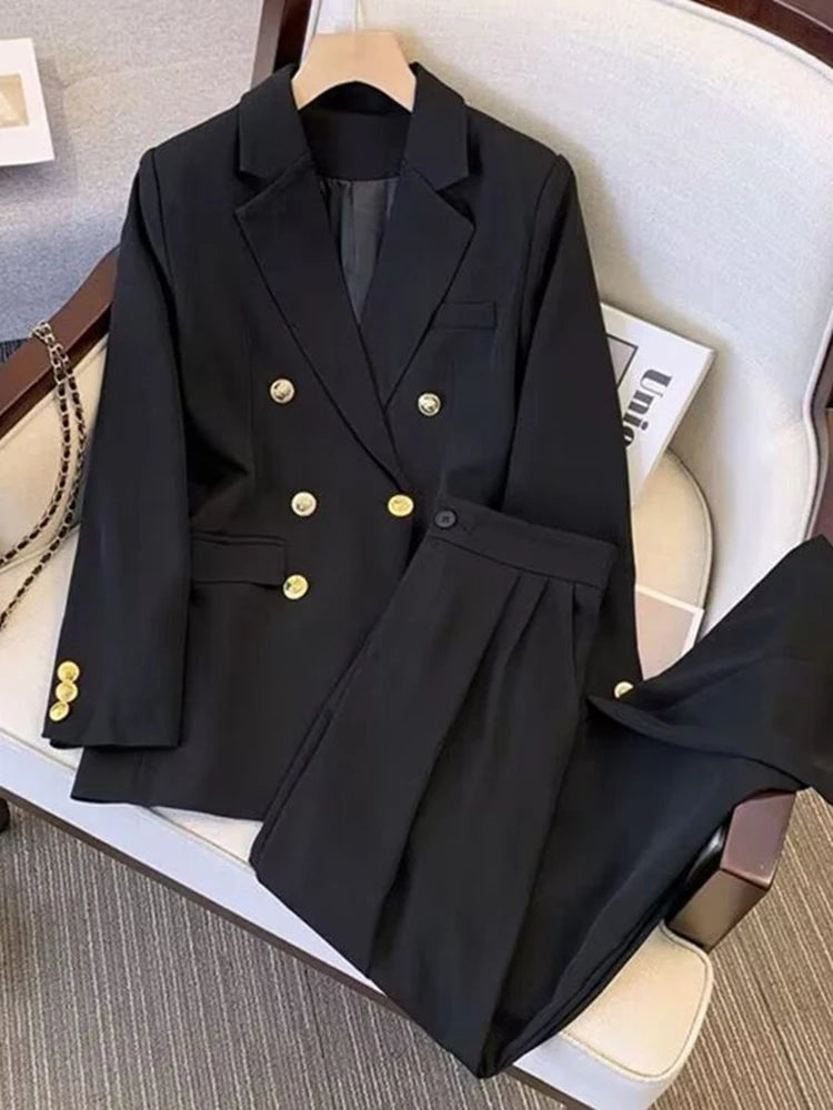 Khaki Office Double Breasted Suits Sets Women New Long Sleeve Blazer Jackets Conjunto Ol High Waist Straight Pants Outfit
