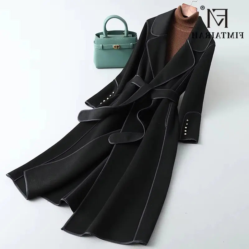 Women’s 100% Merino Wool Long Wrap Coat – Luxury Double-Breasted Style, Wide Lapel Collar, Belted Waist, Elegant Winter Outerwear