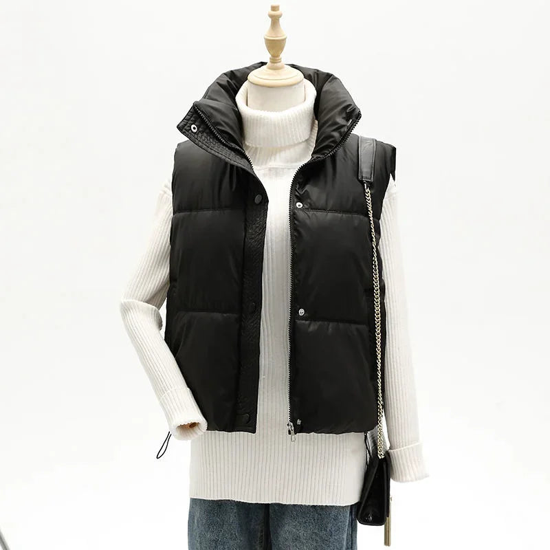 New Autumn Casual Loose Down Cotton Vests Women Stand Collar Short Sleeveless Coats Solid Zipper Waistcoat Winter Warm Vest