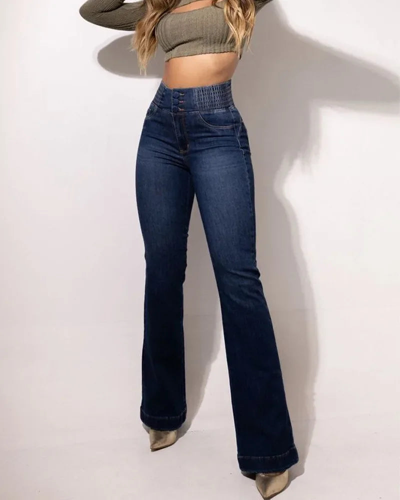 Hot Look Elasticated High-Rise Jean’s/Stretch Fit/Slim Flared Pants/Hip Lift Jeans/Black Patchwork/Medium Stretch Women's Trousers Streetwear.