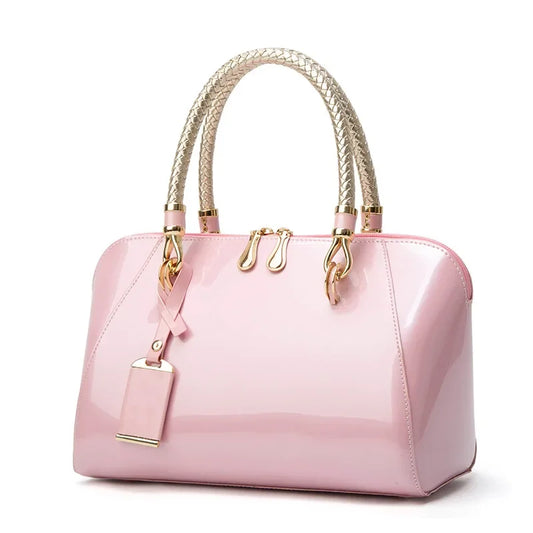 Luxury Pink Patent Leather Handbag – Glossy Top Handle Tote with Gold Hardware | Modern Blend Boutique