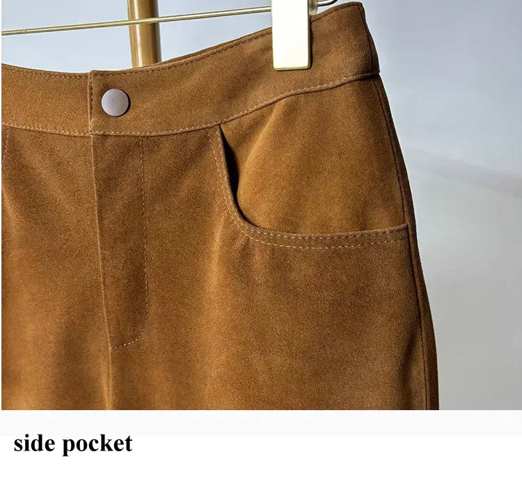 Sheepskin Real Suede Leather Shorts for Women – Genuine Leather Slimming Straight-Leg Mid-Waist Trousers in Coffee Brown | Fall Fashion