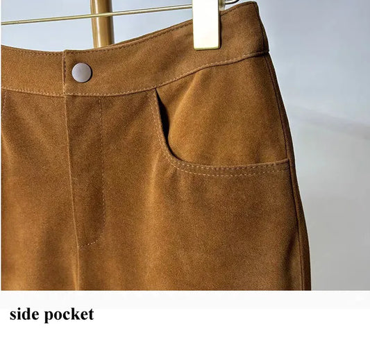 Sheepskin Real Suede Leather Shorts for Women – Genuine Leather Slimming Straight-Leg Mid-Waist Trousers in Coffee Brown | Fall Fashion