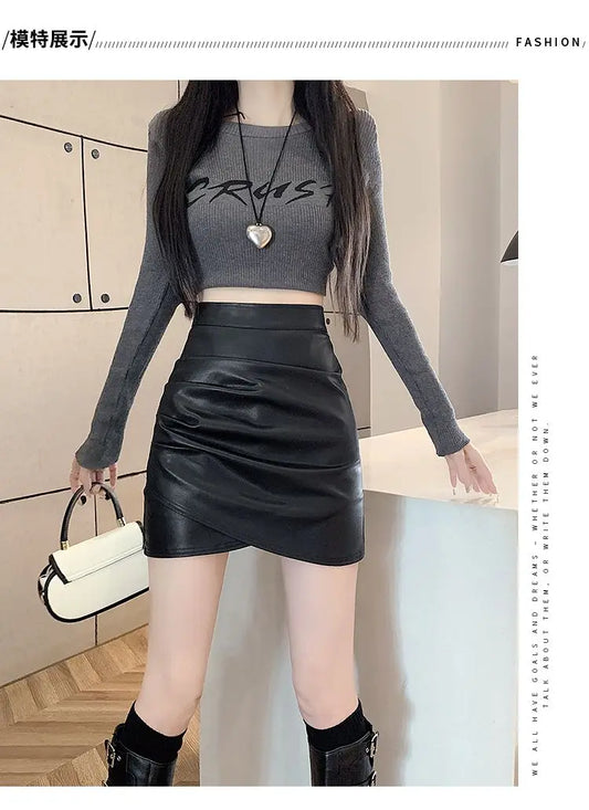 High-Waist Faux Leather Bodycon Mini Skirt – Ruched Slim Fit PU Leather Wrap Skirt for Women