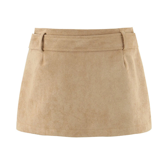 Faux Suede Low Waist Belt Mini Skirt/ Short Lining/Sexy A-line Package Hip/Slim Fitted Waistline/Solid Vintage Skirt.