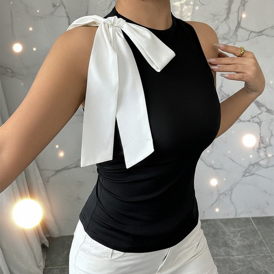 Elegant Black Bow Blouse/O~Neck White Stylish Decoration/Sleeveless Skinny Fit Slim Tank Top.