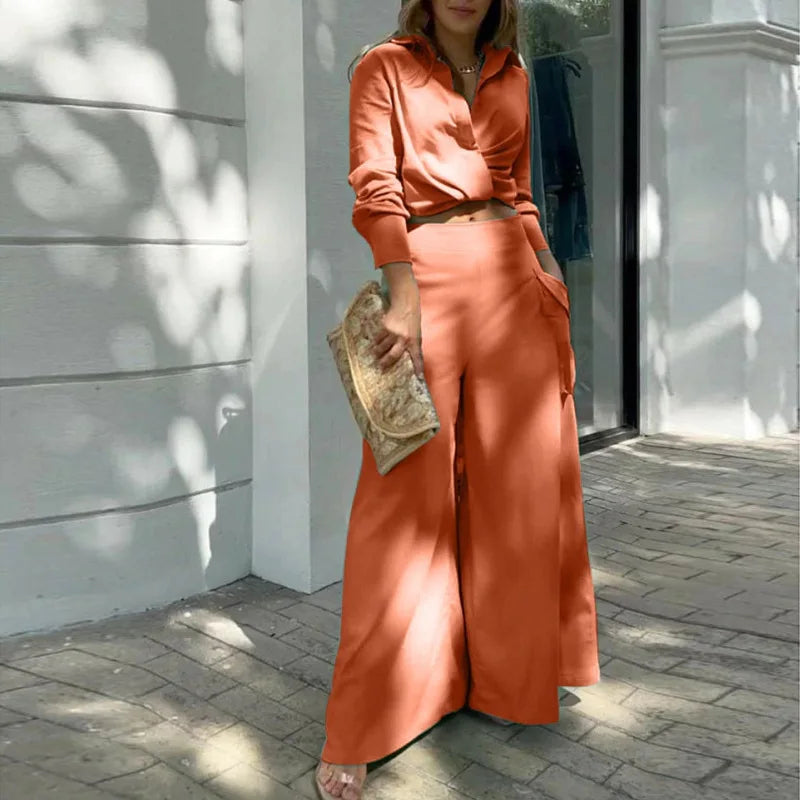 2 piece set/Unique Criss-Cross Solid/Long Sleeve Crop Shirt & High Waist Pants/Turn Down Collar/Broad Cloth Dress/Tatting Craft.