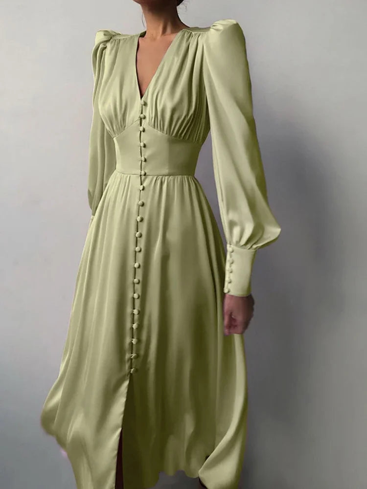 Elegant Fashion Single Breasted  Dress for Women Party Robe High Waist Satin Long Dress Sexy Lantern Sleeve Chic Midi Dresses